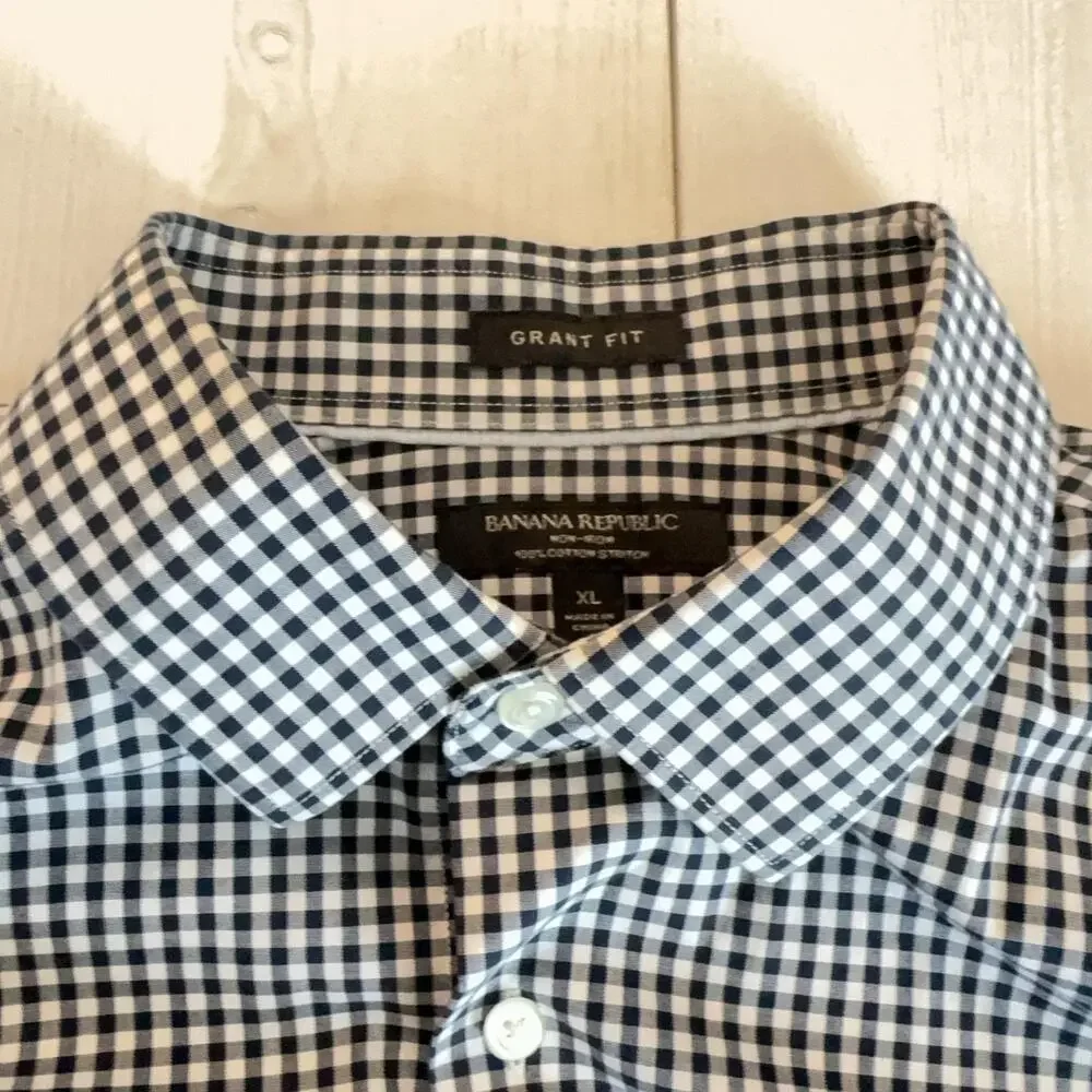 Banana Republic Grant Fit Shirt Mens Slim XL Blue Micro Gingham Non Iron Cotton